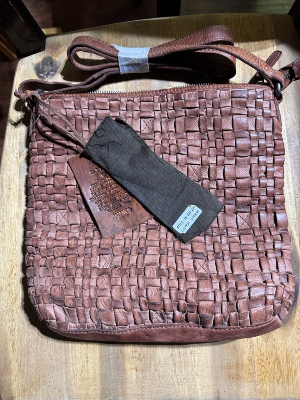 Woven Leather Crossbody Messenger Bag - Brown